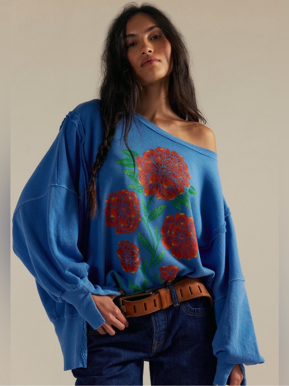 Free People We The Free Graphic Camden Pullover in Blue Floral Print XS NEW NWT